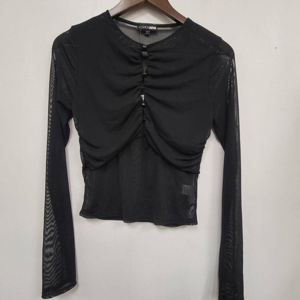 Fashion Nova Womens Whimsigoth Grunge Mesh Flare Sleeve Top Size L Black Drape